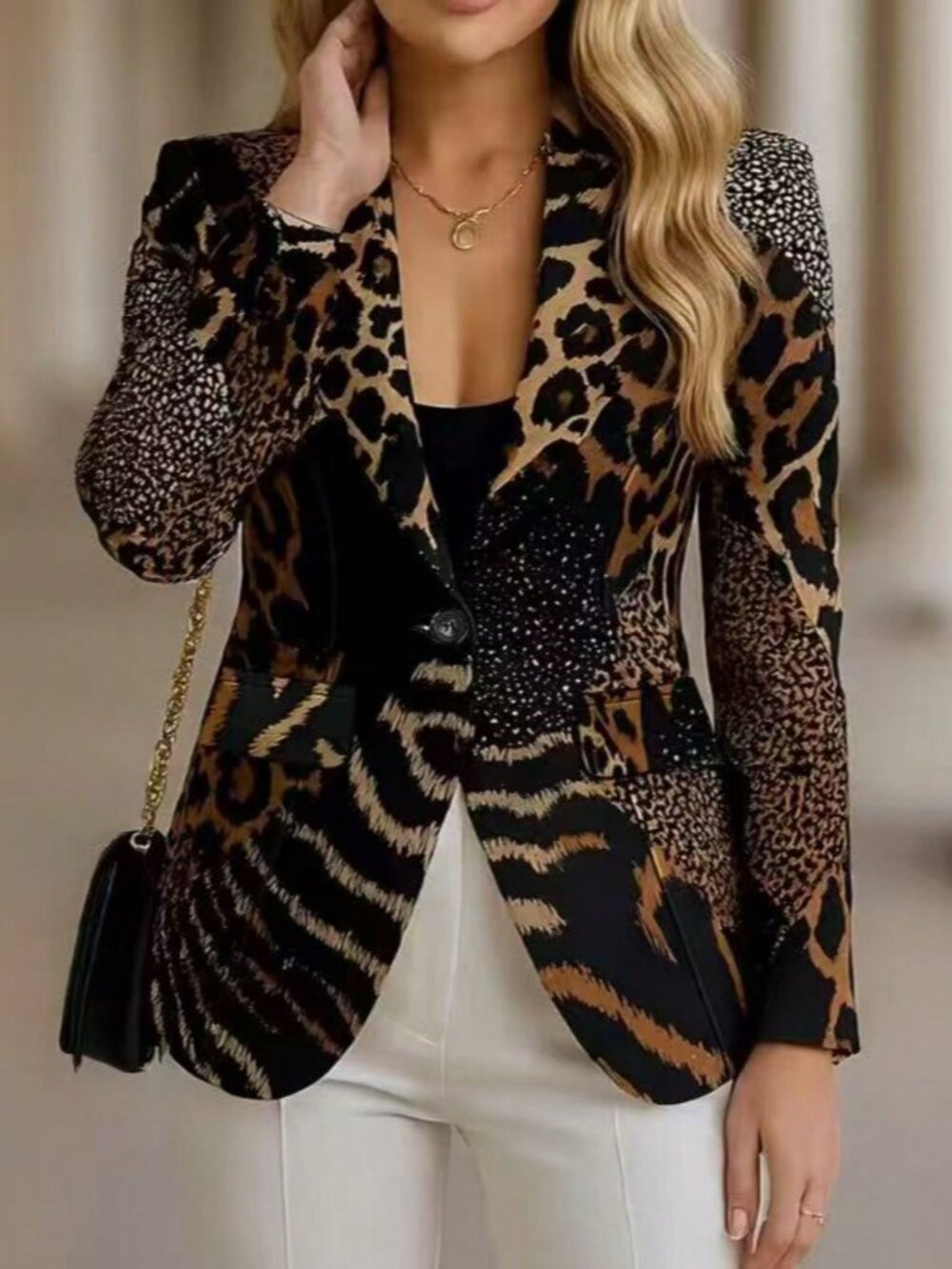 Brown Elegant Women's Leopard All-Over Regular Fit Blazer